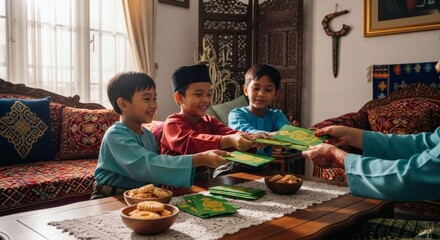 Obraz premium Children receiving gift envelopes during Eid al-Fitr in Kuala Lumpur, Malaysia home interior, warm natural daylight, authentic Malay decor.