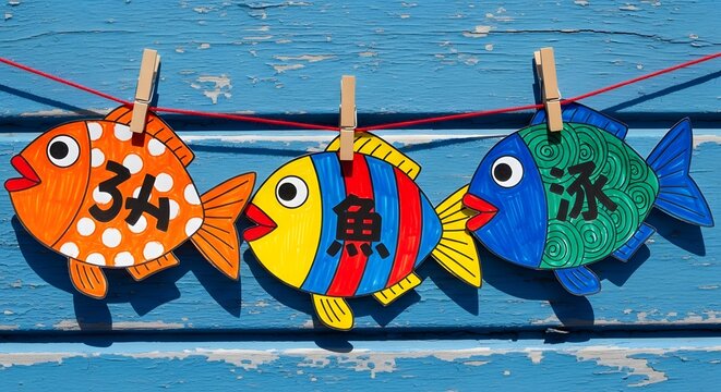 Three colorful paper fish with Japanese characters hanging on a clothesline outdoors