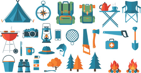 Large collection of camping and outdoor survival icons including tent backpack compass campfire grill camera lantern tools and first aid kit for adventure travel vector. © MdEmdadul