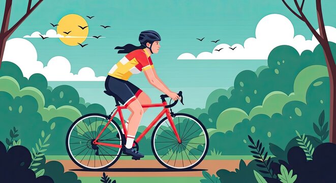 Woman cycling through a serene park on a sunny day surrounded by lush greenery
