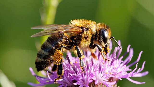 Honey bee collecting nectar on a purple flower. Macro shot of a pollinator covered in yellow pollen. Nature and biodiversity concept
