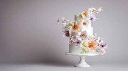 White Wedding Cake with Floral Decorations.