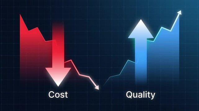 Cost reduction and quality improvement concept. Up down arrow and line chart symbolizing business strategy, performance optimization, ROI, and effective financial planning. 4K animation 