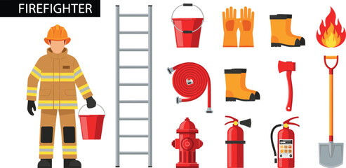 Firefighter character in uniform with emergency safety equipment including ladder fire hydrant extinguisher hose axe shovel boots and bucket for fire prevention vector. © MdEmdadul