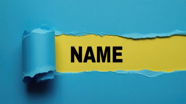 Bright cyan blue paper is torn and peeled back revealing a vivid yellow background with NAME text an abstract 