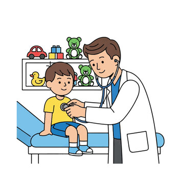 A male doctor examining a young boy on a medical examination table with toys in the background in a pediatric clinic with a friendly mood.