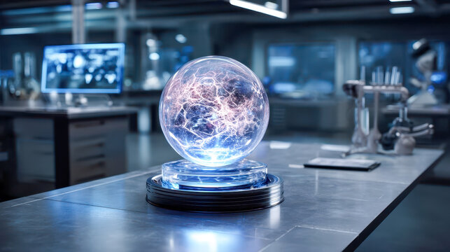 Futuristic laboratory scene with glowing energy ball on metal table