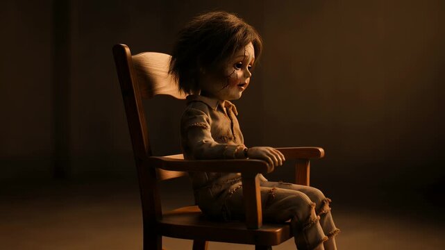 A creepy doll sits alone on a wooden chair in a dimly lit room viewed from the side.