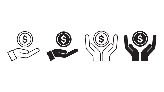 Minimalist financial support hand-coin icon set variations