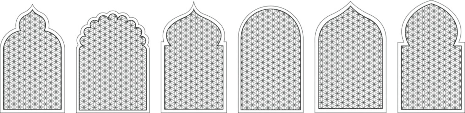 Islamic arch window panel set with perforated dot pattern. Arabic geometric frame collection in clean vector style. Decorative mosque niche template for background design.