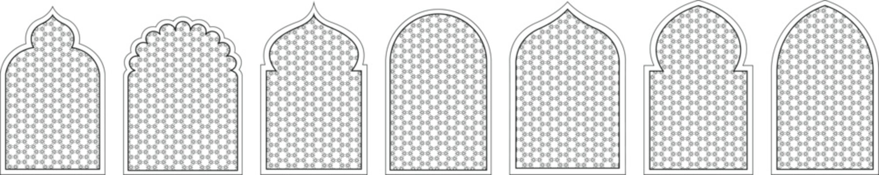 Islamic arch window pattern set with dotted mesh texture. Arabic geometric niche frame collection in clean vector outline. Decorative mosque panel template for background layout.