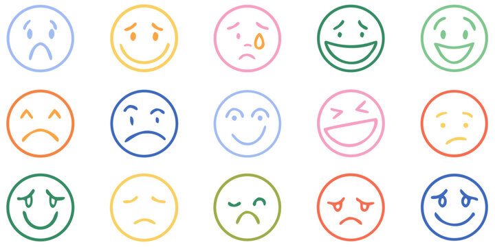 Colorful collection of various doodle style smiley face and sad face icons