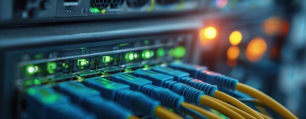 Naklejka premium The fiber optic patch panel with illuminated network switch and glowing status LEDs