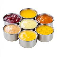 Assortment of Colorful Dipping Sauces in Small Metal Containers for Culinary Deliciousness