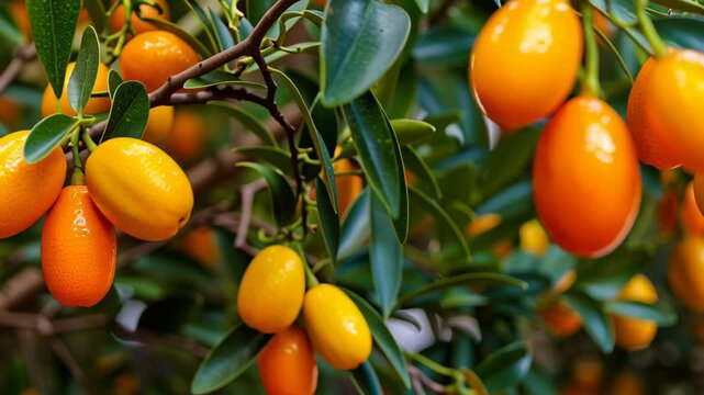 Kumquat tree branch rich harvest close up. Exotic fruits. Close-up of bright ripe orange kumquat hanging growing in an orchard on a sunny day, sun flares. Citrus in garden center. Fortunella margarita