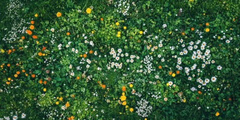 Aerial view of colorful wildflowers and green grass in a meadow © xartproduction