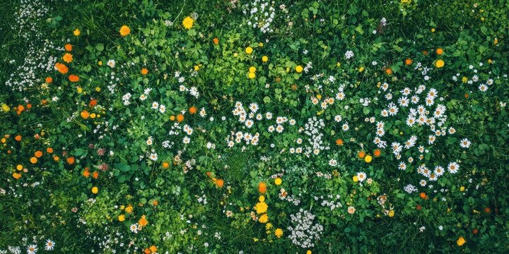 Aerial view of colorful wildflowers and green grass in a meadow