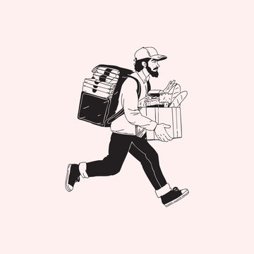 A vector illustration of a modern food delivery person. A young courier in uniform, cap, and delivery backpack holds a box of food. Trendy vector illustration.