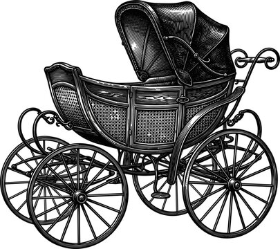 A detailed black and white illustration of an antique baby stroller. The vintage carriage features intricate detailing on its wheels and body, with a classic, ornate design.