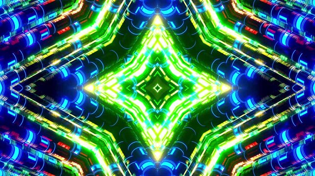 Slow kaleidoscope with ambient mood for chill-out music, lounge videos, and relaxation content. Smooth flowing patterns perfect for background visuals. Seamless 4K loop.