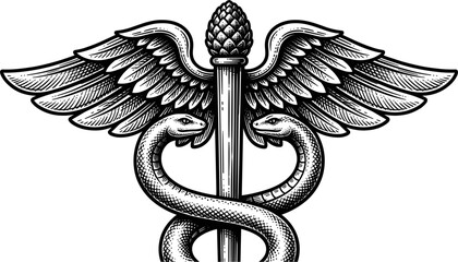 Obraz premium The Caduceus symbol, a winged staff entwined by two snakes, representing medical healthcare. Vector illustration on a white background.