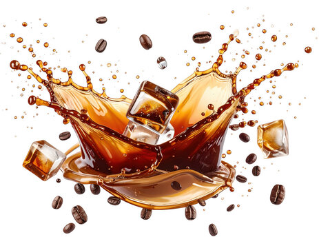 Iced coffee splash with ice cubes and coffee beans bouncing in the air, creating a dynamic and energetic scene, isolated on a white background.