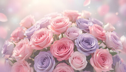 A Symphony of Petals: A captivating bouquet blooms with a harmonious blend of pastel roses, petals gently dance in the air creating a scene of delicate beauty and floral elegance.