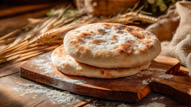 Traditional Moroccan flatbread khobz on a wooden board, homemade village bread made from flour and wheat ears