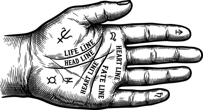 Detailed illustration of a human hand with prominent palmistry lines including life head heart and fate lines along with various symbols for divination and future telling.