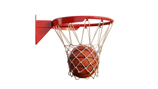 Basketball goes through red hoop net  in close up sports action