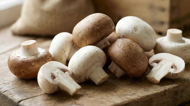 Agaricus bisporus mushrooms arranged on a rustic wooden surface video