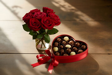 Romantic Valentine&rsquo;s Day Chocolates and Red Roses with Copy Space Background