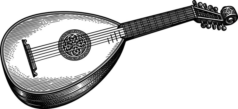 A vintage black and white illustration of a lute or mandolin. This stringed instrument features a rounded body with a rose sound hole and a long neck with frets and tuning pegs.