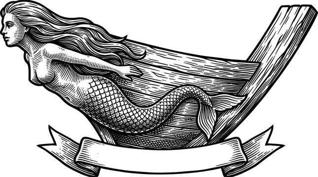 A vintage black and white illustration of a wooden mermaid figurehead from a ship's bow. It features intricate scrollwork and a blank banner below, suggesting a historical or maritime theme.