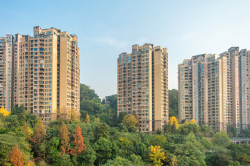 Chongqing residential skyline with high rise apartment buildings and urban greenery, Sichuan, China. Sustainable city development and green integration. Residential growth in megacities in Asia © samael334