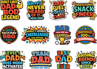 Naklejka premium Father’s Day Typography T Shirt Bundle, Colorful Dad Quote Sticker Set, Bold Cartoon Vector Illustration Collection