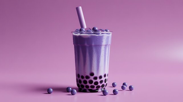 A refreshing purple bubble tea with tapioca pearls and a straw on a pink background