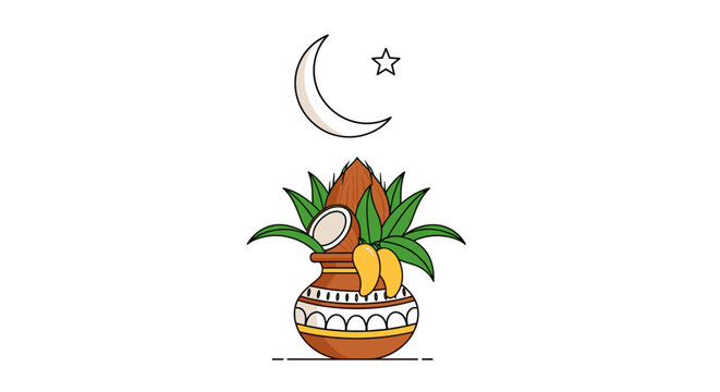 Kalasam with coconut, mangoes, leaves, crescent moon and star