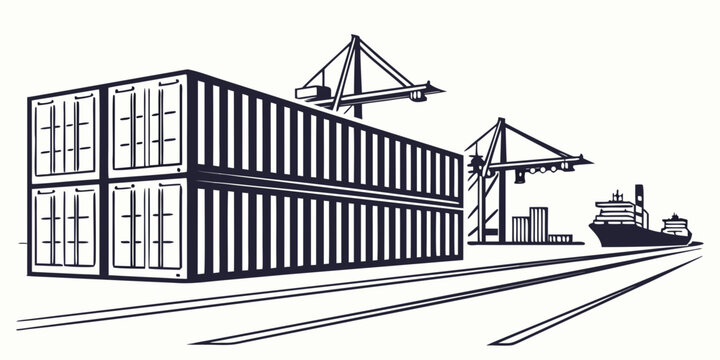 Cargo container port silhouette with cranes and ship