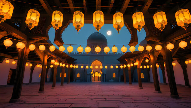 Serene Islamic Courtyard At Night With Glowing Lanterns Arched Columns And Central Dome Background Design