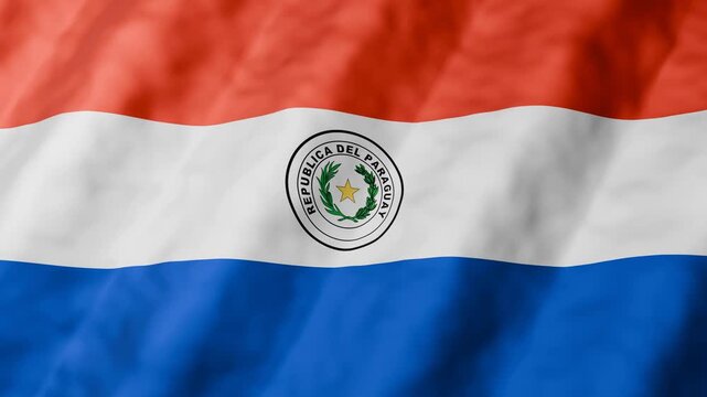 3D animation of Paraguay national flag waving in seamless loop. Red, white and blue tricolor with national emblem in center. Patriotic background, independence day and national celebration concept.