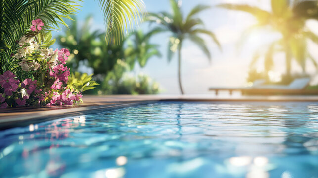 Serene poolside scene with lush tropical foliage and lounge chairs