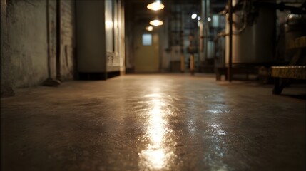 Fototapeta premium A dimly lit wet industrial corridor with overhead lights casting glowing reflections on the textured concrete floor