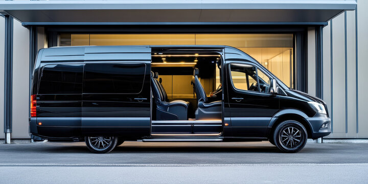 Sleek black airport transfer van with open sliding door and luxury interior