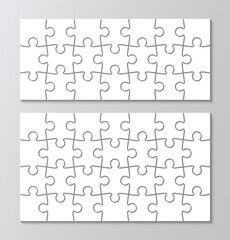 Two big Puzzles grid. Scheme of jigsaw thinking game with 21 and 28 separate details. Cutting template. Mosaic silhouette pieces grid. Simple frame tiles. Vector illustration