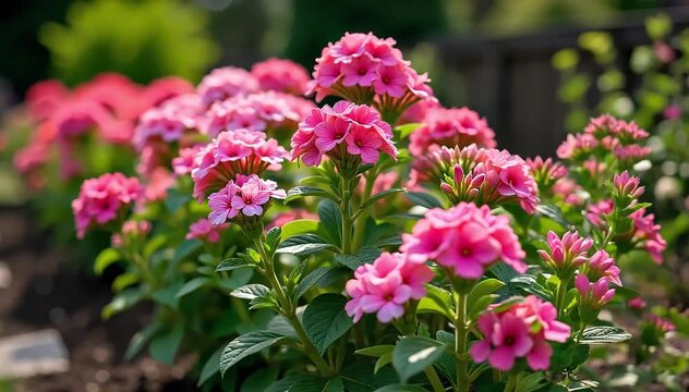 A backyard garden filled with mature phlox plants bearing multiple colorful blooms 