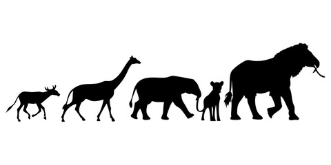 Minimalist black silhouettes of savannah wild animals walking giraffe © RABBY