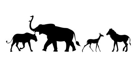 Minimalist black silhouettes of walking wild animals elephant zebra gazelle © RABBY