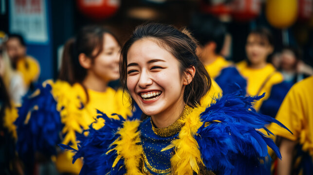Asakusa Samba Festival, Smiling Female Samba Dancer Wearing Blue and Yellow Feather Costume During Asakusa Samba Festival Street Parade in Tokyo