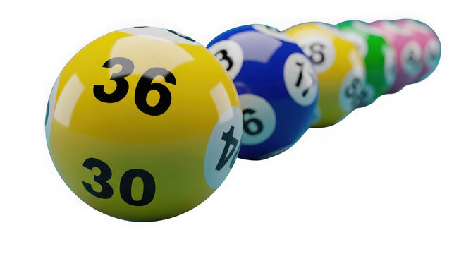 Close-up of colorful numbered bingo lottery balls arranged in a row showing numbers isolated on transparent background